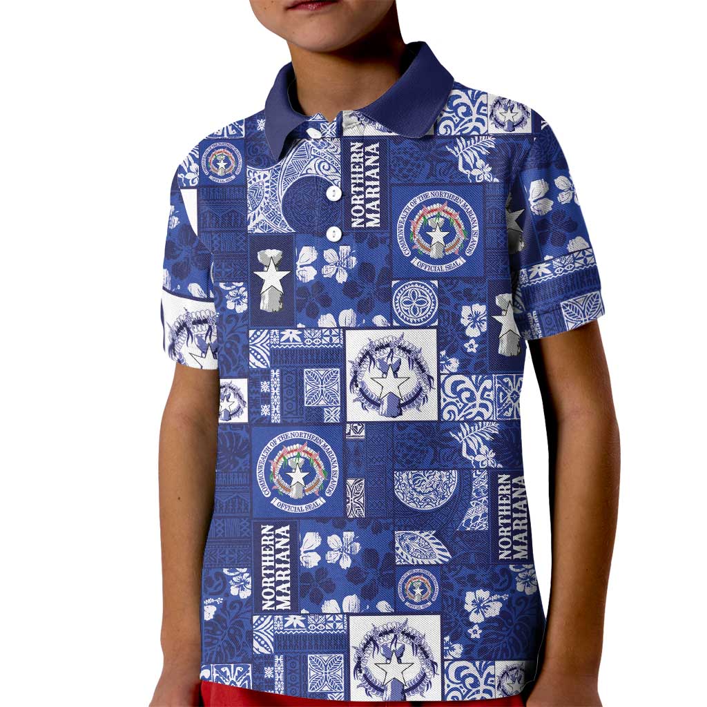 Northern Mariana Islands Magof Nochebuena Kid Polo Shirt Pacific Patchwork Xmas Vibes LT9 Kid Blue - Polynesian Pride