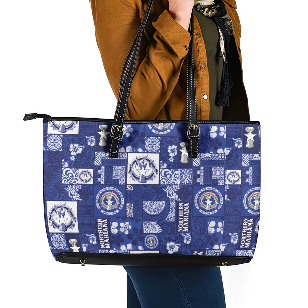 Northern Mariana Islands Magof Nochebuena Leather Tote Bag Pacific Patchwork Xmas Vibes - Polynesian Pride