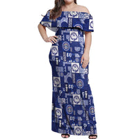Northern Mariana Islands Magof Nochebuena Off Shoulder Maxi Dress Pacific Patchwork Xmas Vibes LT9 Women Blue - Polynesian Pride