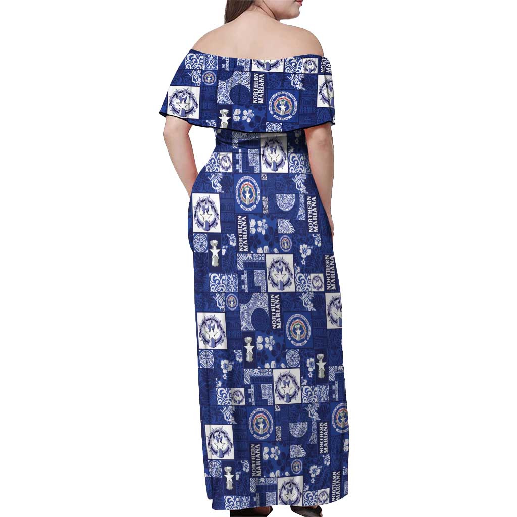 Northern Mariana Islands Magof Nochebuena Off Shoulder Maxi Dress Pacific Patchwork Xmas Vibes LT9 - Polynesian Pride