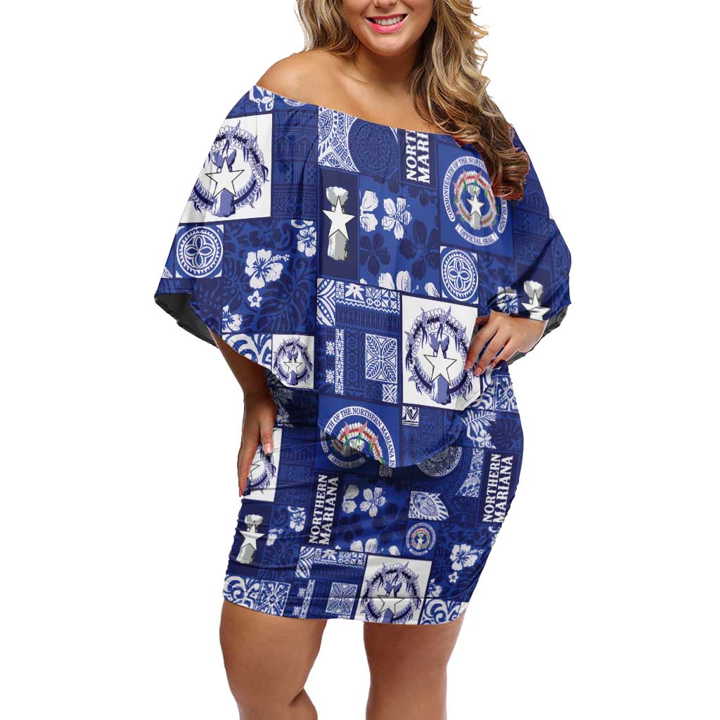 Northern Mariana Islands Magof Nochebuena Off Shoulder Short Dress Pacific Patchwork Xmas Vibes LT9 Women Blue - Polynesian Pride