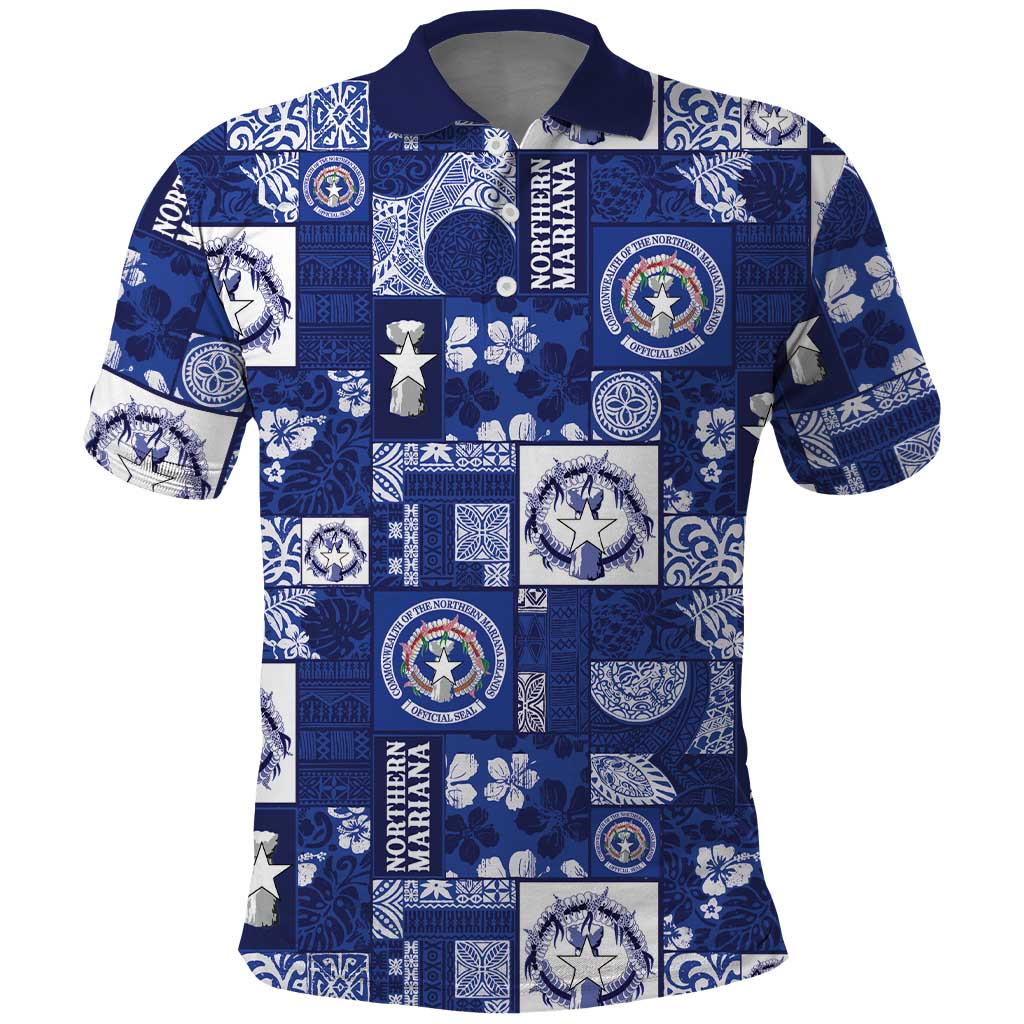 Northern Mariana Islands Magof Nochebuena Polo Shirt Pacific Patchwork Xmas Vibes LT9 Blue - Polynesian Pride