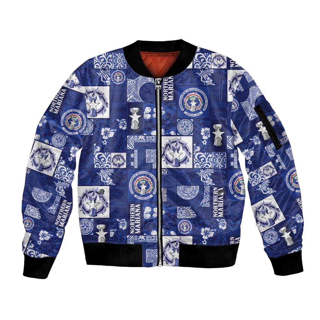 Northern Mariana Islands Magof Nochebuena Sleeve Zip Bomber Jacket Pacific Patchwork Xmas Vibes - Polynesian Pride