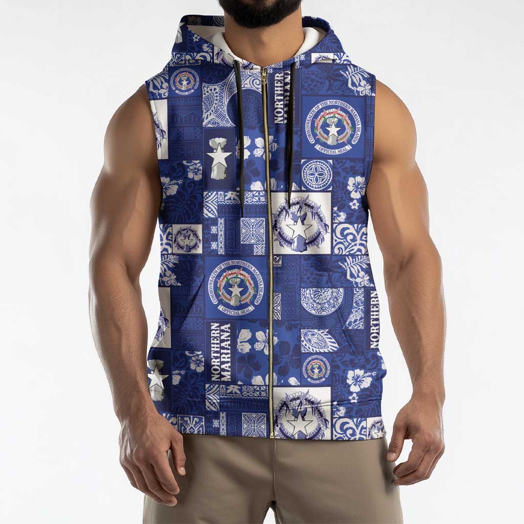 Northern Mariana Islands Magof Nochebuena Sleeveless Zip Hoodie Pacific Patchwork Xmas Vibes - Polynesian Pride