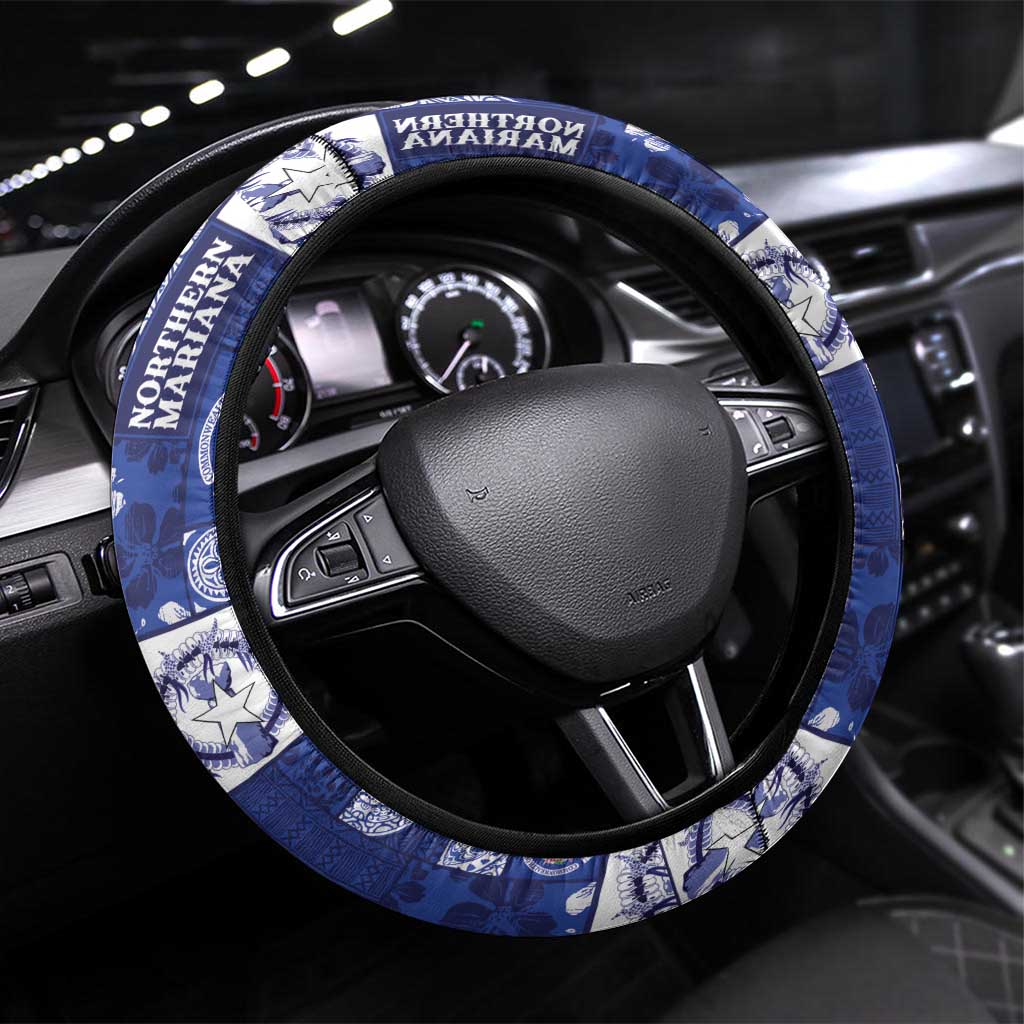 Northern Mariana Islands Magof Nochebuena Steering Wheel Cover Pacific Patchwork Xmas Vibes LT9 Universal Fit Blue - Polynesian Pride