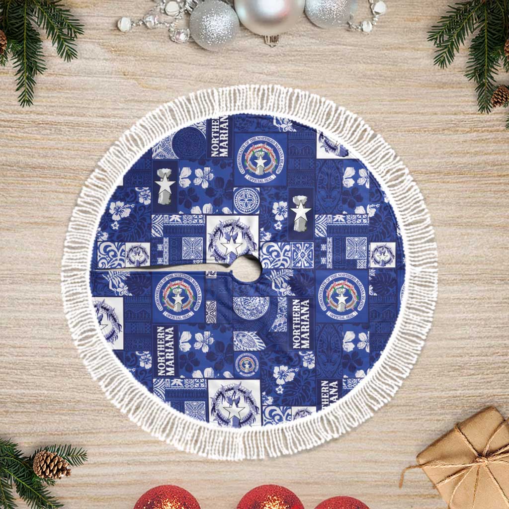 Northern Mariana Islands Magof Nochebuena Tree Skirt Pacific Patchwork Xmas Vibes LT9 Fringed Blue - Polynesian Pride