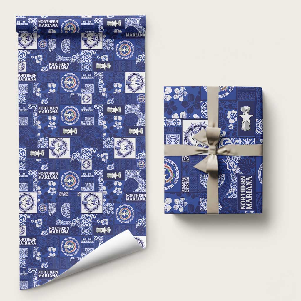 Northern Mariana Islands Magof Nochebuena Wrapping Paper Pacific Patchwork Xmas Vibes LT9 58" × 23" Blue - Polynesian Pride