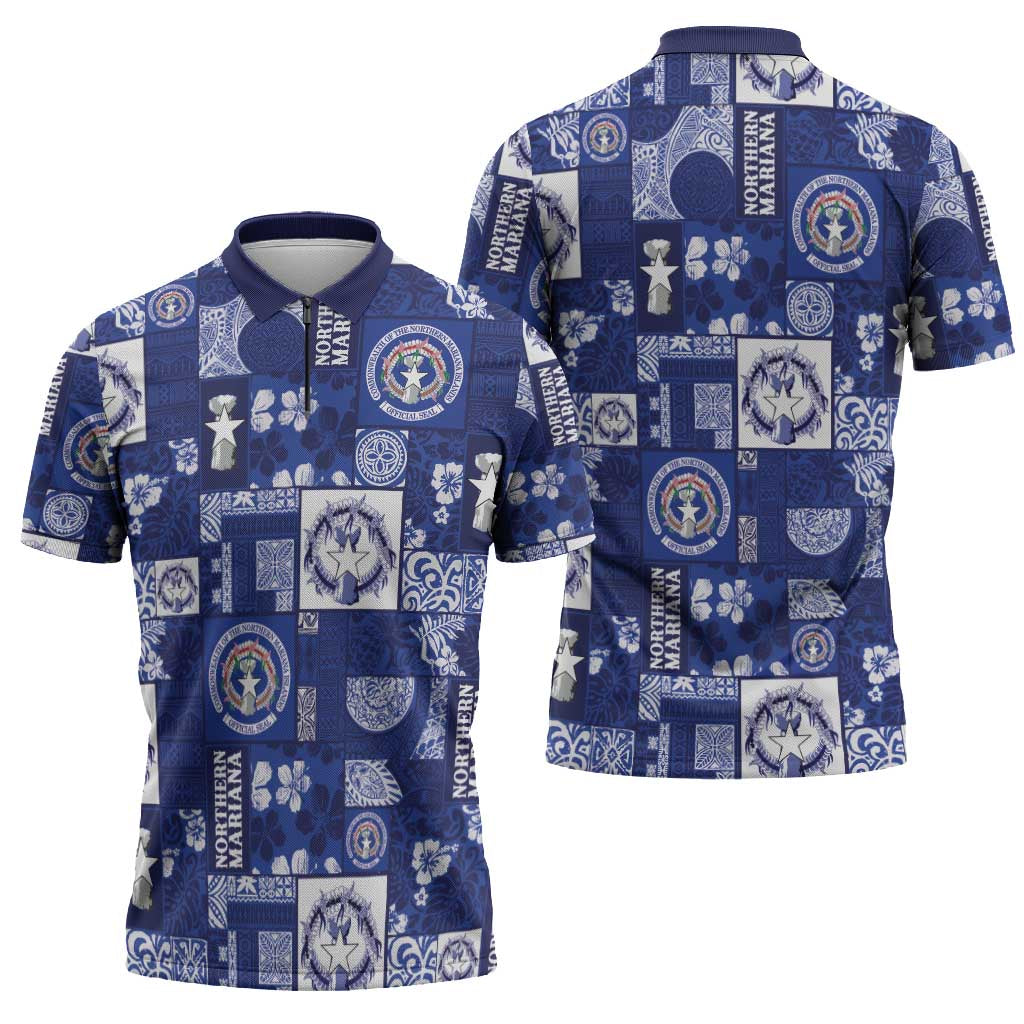 Northern Mariana Islands Magof Nochebuena Zipper Polo Shirt Pacific Patchwork Xmas Vibes - Polynesian Pride