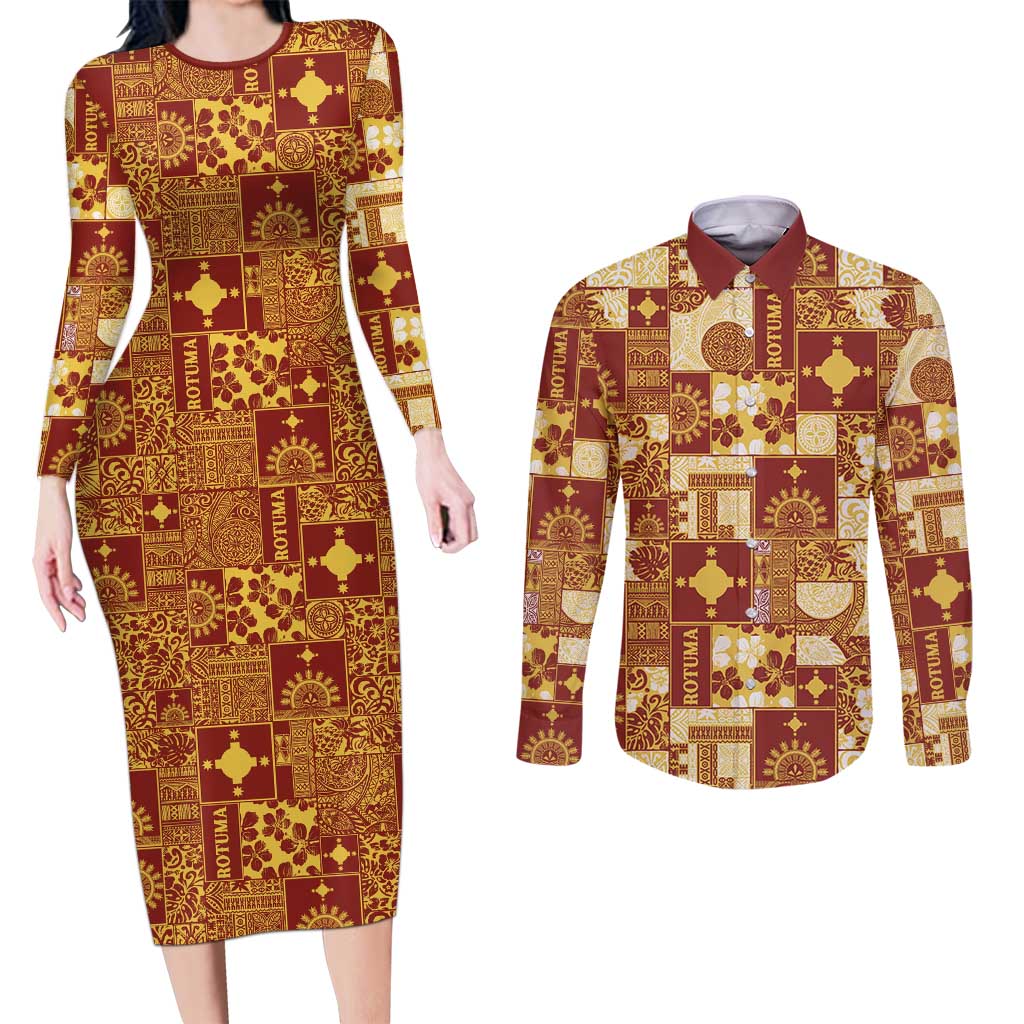 Rotuma Faiakse'ea 'e Kirisimasi Couples Matching Long Sleeve Bodycon Dress and Long Sleeve Button Shirt Pacific Patchwork Xmas Vibes LT9 Red - Polynesian Pride