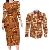 Rotuma Faiakse'ea 'e Kirisimasi Couples Matching Long Sleeve Bodycon Dress and Long Sleeve Button Shirt Pacific Patchwork Xmas Vibes LT9 Red - Polynesian Pride