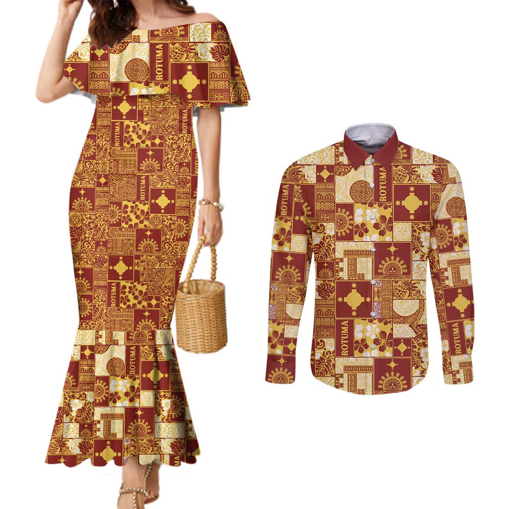 Rotuma Faiakse'ea 'e Kirisimasi Couples Matching Mermaid Dress and Long Sleeve Button Shirt Pacific Patchwork Xmas Vibes LT9 Red - Polynesian Pride