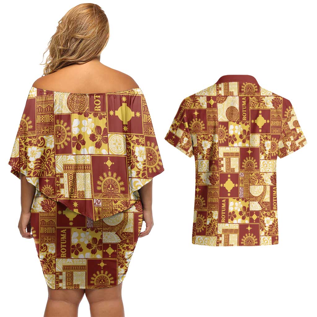 Rotuma Faiakse'ea 'e Kirisimasi Couples Matching Off Shoulder Short Dress and Hawaiian Shirt Pacific Patchwork Xmas Vibes - Polynesian Pride