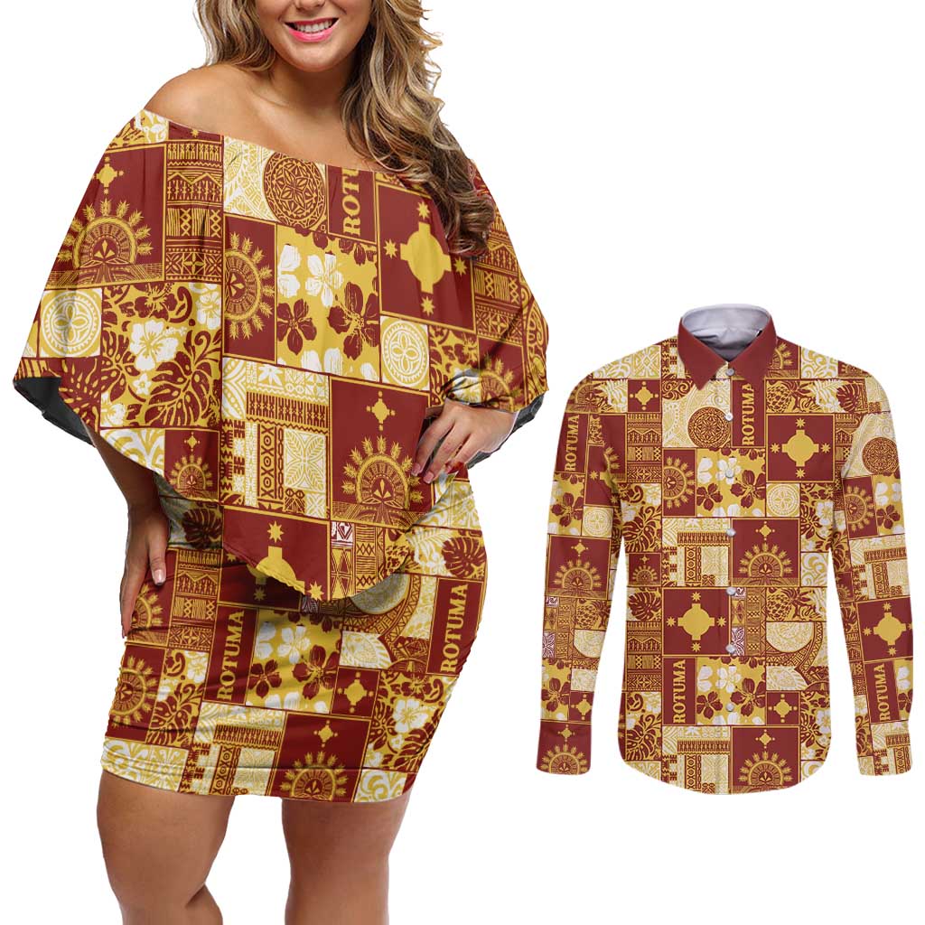 Rotuma Faiakse'ea 'e Kirisimasi Couples Matching Off Shoulder Short Dress and Long Sleeve Button Shirt Pacific Patchwork Xmas Vibes LT9 Red - Polynesian Pride