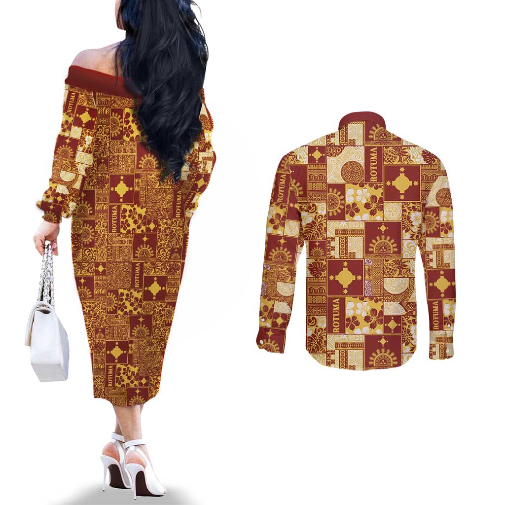 Rotuma Faiakse'ea 'e Kirisimasi Couples Matching Off The Shoulder Long Sleeve Dress and Long Sleeve Button Shirt Pacific Patchwork Xmas Vibes LT9 - Polynesian Pride
