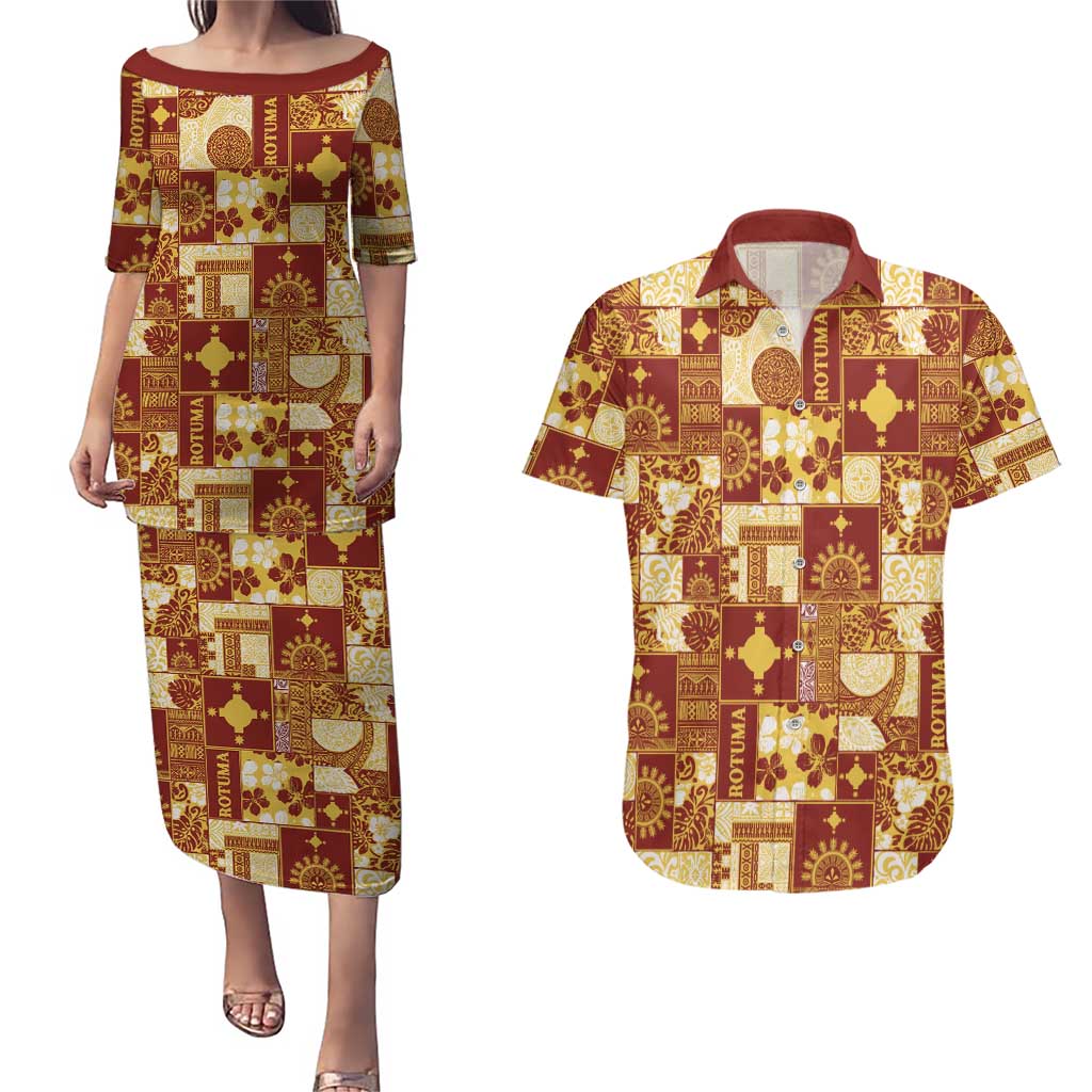 Rotuma Faiakse'ea 'e Kirisimasi Couples Matching Puletasi and Hawaiian Shirt Pacific Patchwork Xmas Vibes LT9 Red - Polynesian Pride