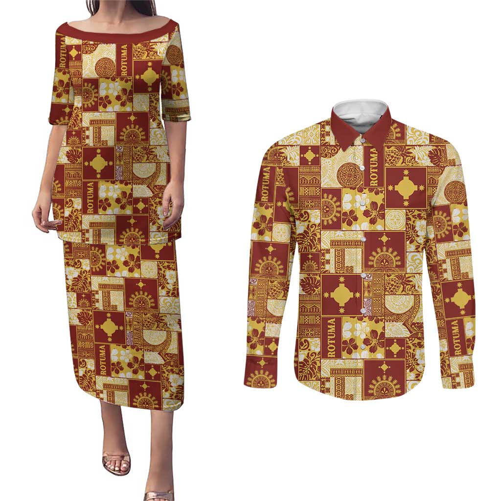 Rotuma Faiakse'ea 'e Kirisimasi Couples Matching Puletasi and Long Sleeve Button Shirt Pacific Patchwork Xmas Vibes - Polynesian Pride