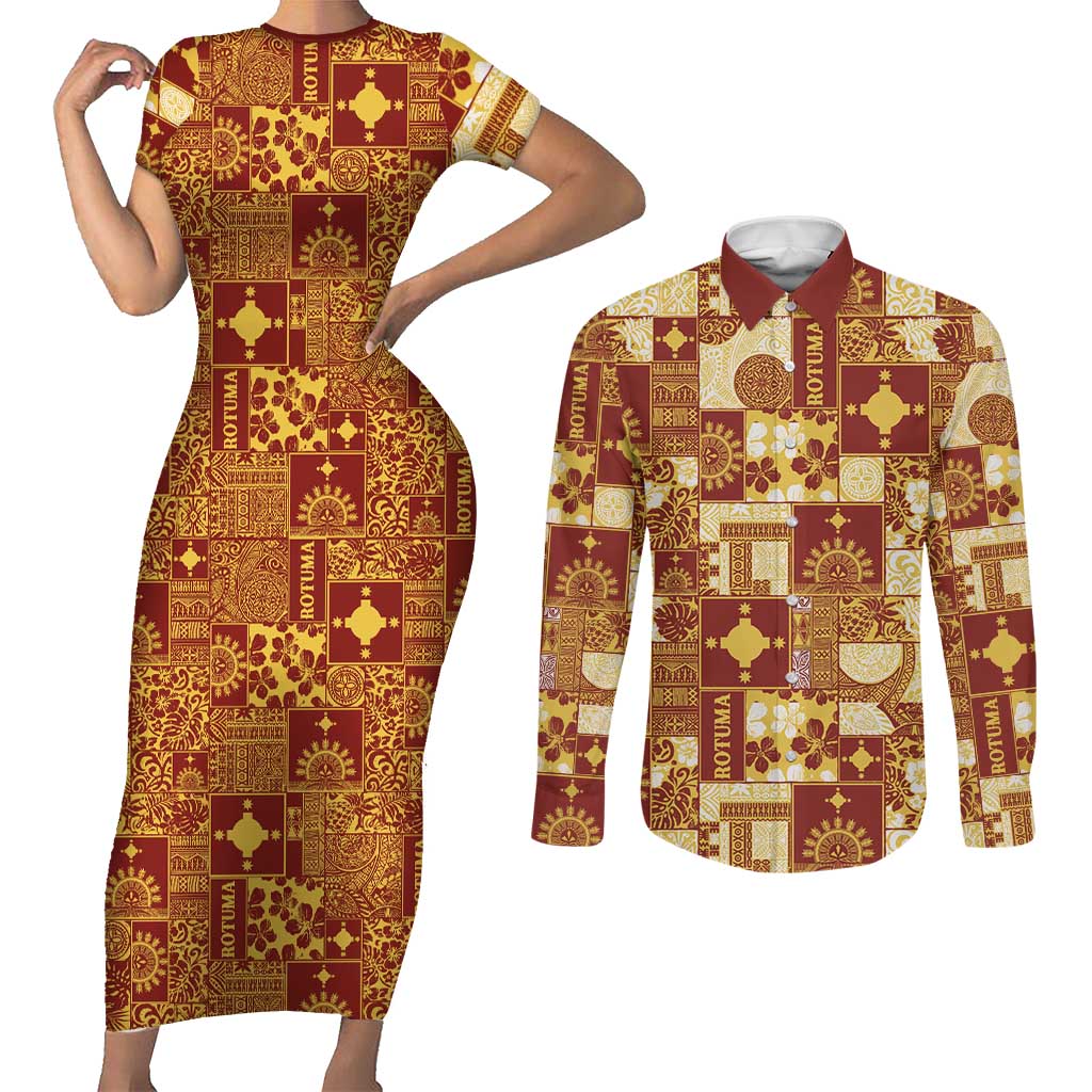 Rotuma Faiakse'ea 'e Kirisimasi Couples Matching Short Sleeve Bodycon Dress and Long Sleeve Button Shirt Pacific Patchwork Xmas Vibes LT9 Red - Polynesian Pride