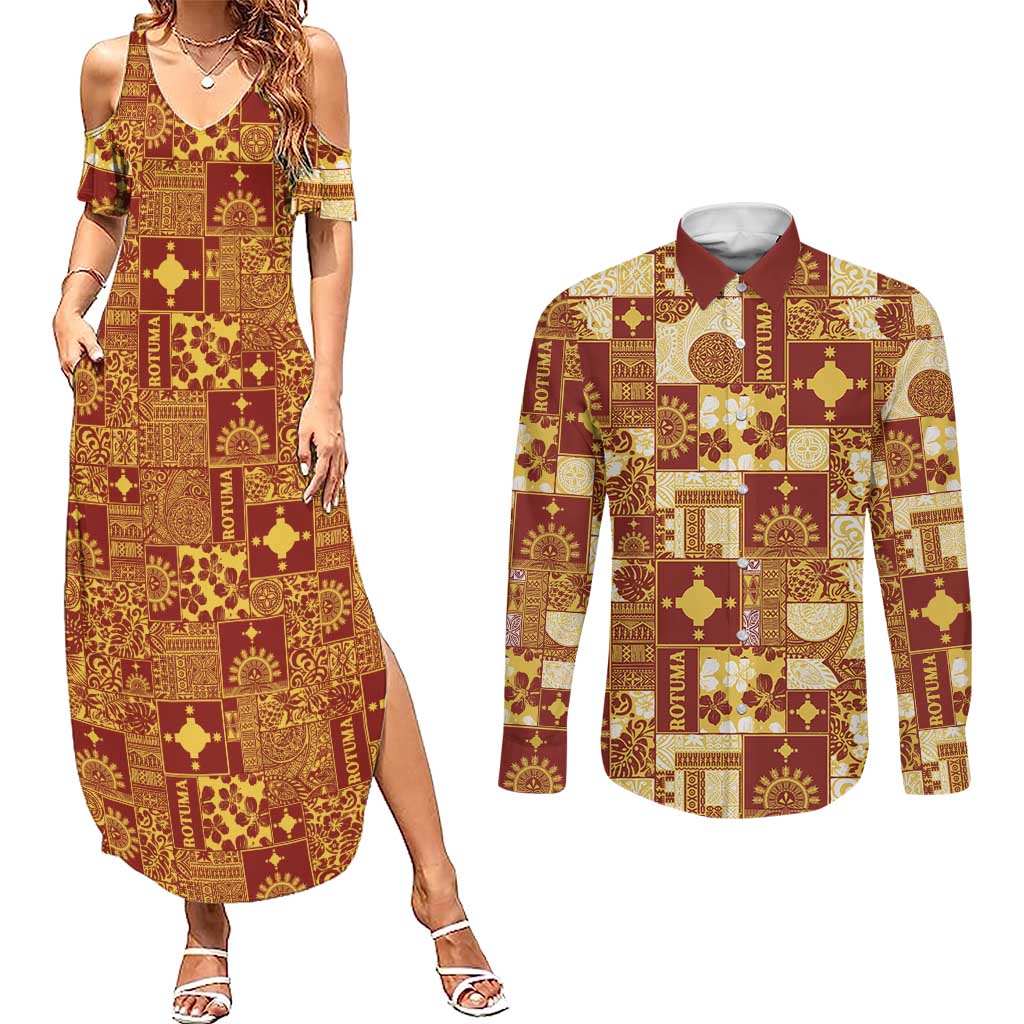 Rotuma Faiakse'ea 'e Kirisimasi Couples Matching Summer Maxi Dress and Long Sleeve Button Shirt Pacific Patchwork Xmas Vibes LT9 Red - Polynesian Pride