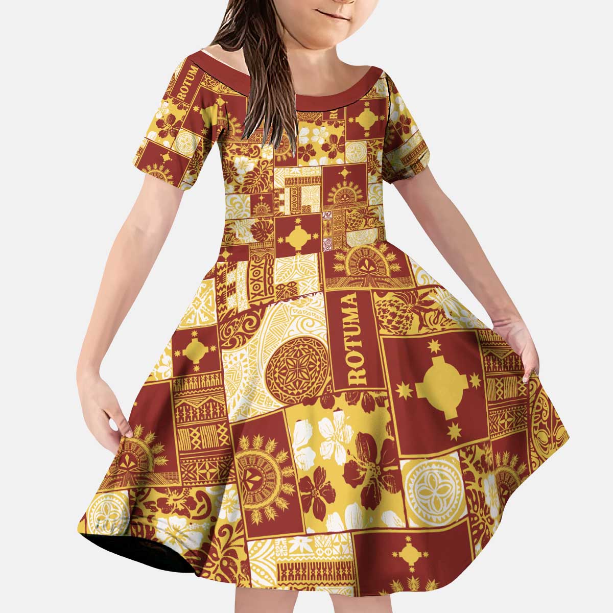 Rotuma Faiakse'ea 'e Kirisimasi Kid Short Sleeve Dress Pacific Patchwork Xmas Vibes - Polynesian Pride
