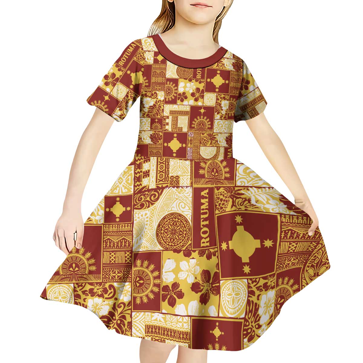Rotuma Faiakse'ea 'e Kirisimasi Kid Short Sleeve Dress Pacific Patchwork Xmas Vibes LT9 - Polynesian Pride