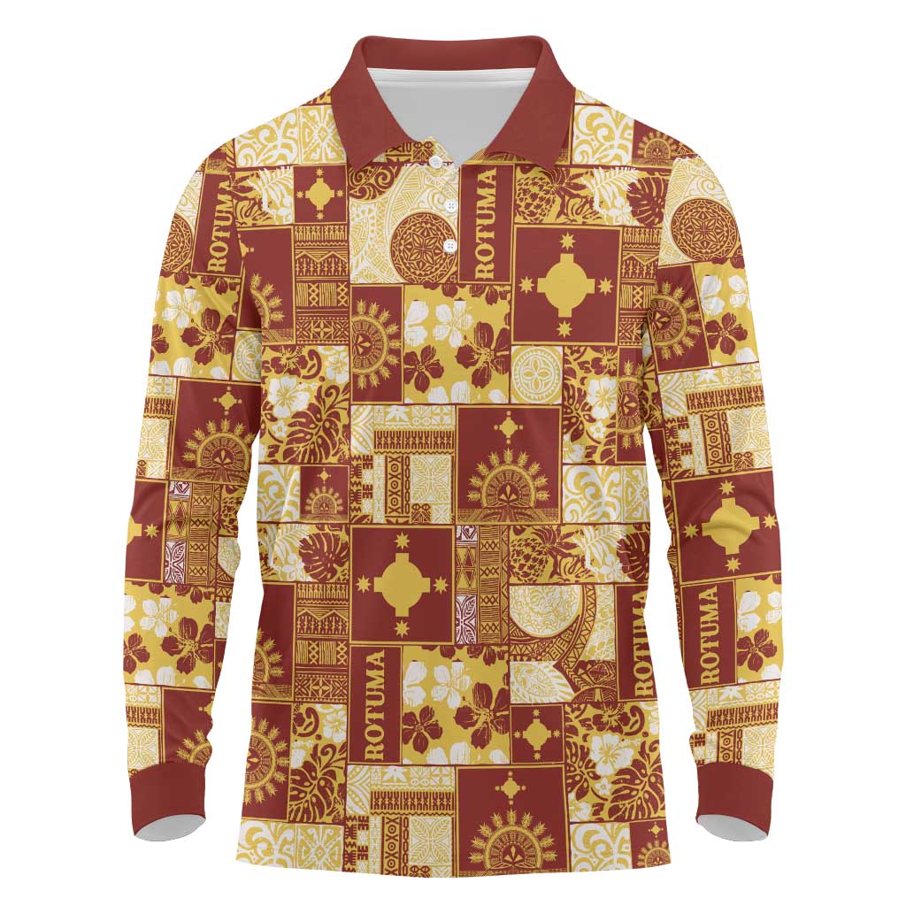 Rotuma Faiakse'ea 'e Kirisimasi Long Sleeve Polo Shirt Pacific Patchwork Xmas Vibes LT9 Red - Polynesian Pride