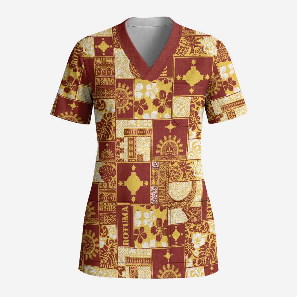 Rotuma Faiakse'ea 'e Kirisimasi Scrub Top Pacific Patchwork Xmas Vibes LT9 Adult Red - Polynesian Pride