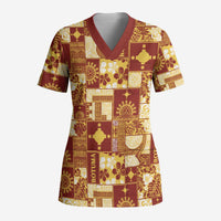 Rotuma Faiakse'ea 'e Kirisimasi Scrub Top Pacific Patchwork Xmas Vibes LT9 Adult Red - Polynesian Pride