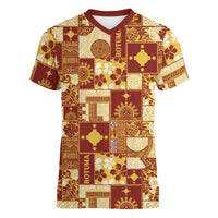 Rotuma Faiakse'ea 'e Kirisimasi Women V-Neck T-Shirt Pacific Patchwork Xmas Vibes LT9 Female Red - Polynesian Pride