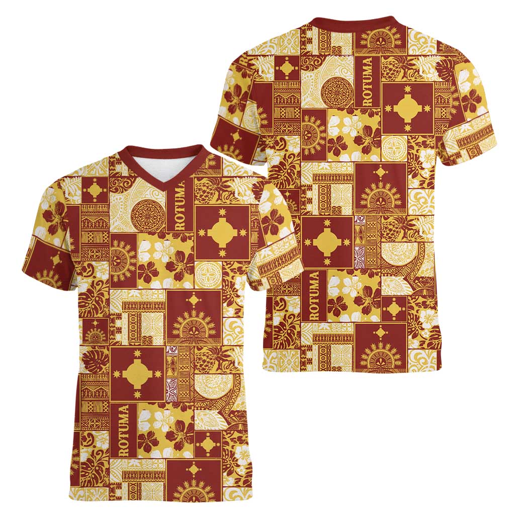 Rotuma Faiakse'ea 'e Kirisimasi Women V-Neck T-Shirt Pacific Patchwork Xmas Vibes LT9 - Polynesian Pride