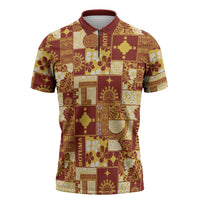 Rotuma Faiakse'ea 'e Kirisimasi Zipper Polo Shirt Pacific Patchwork Xmas Vibes LT9 Red - Polynesian Pride