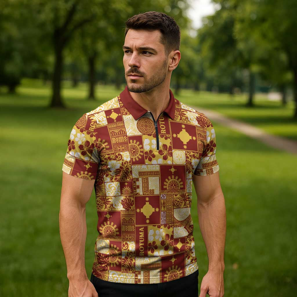 Rotuma Faiakse'ea 'e Kirisimasi Zipper Polo Shirt Pacific Patchwork Xmas Vibes LT9 - Polynesian Pride