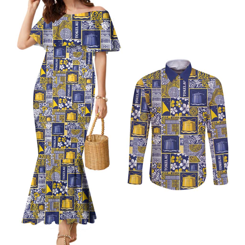 Tokelau Manuia te Kilihimahi Couples Matching Mermaid Dress and Long Sleeve Button Shirt Pacific Patchwork Xmas Vibes LT9 Blue - Polynesian Pride