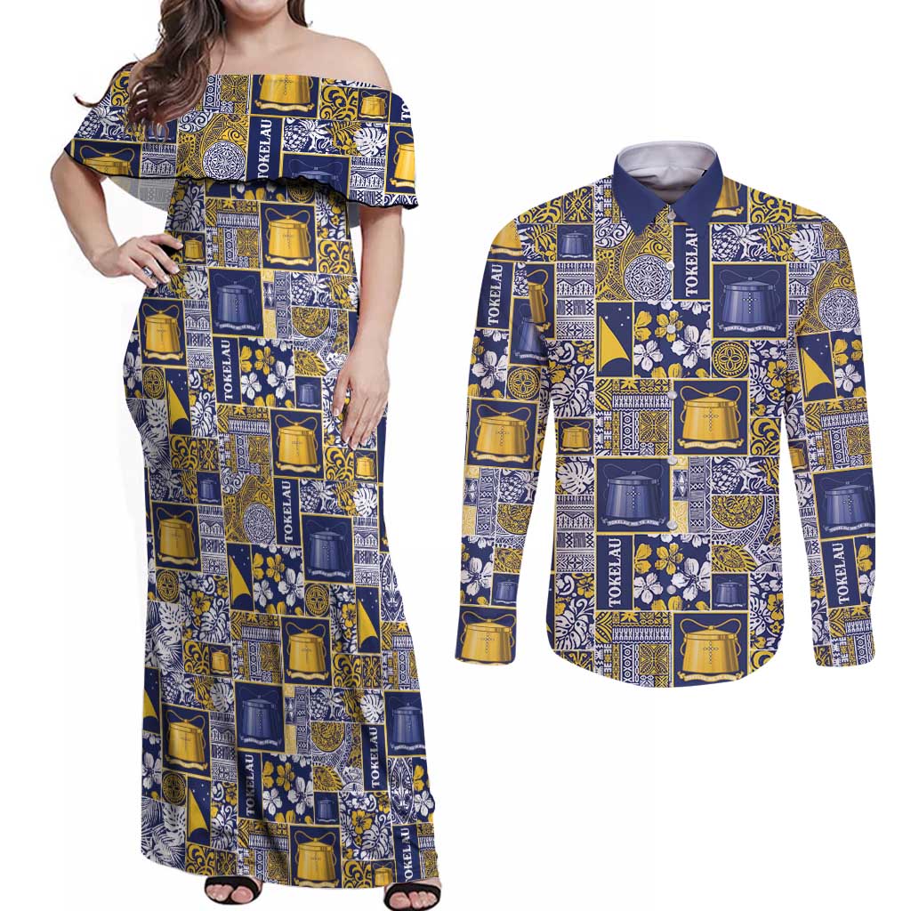 Tokelau Manuia te Kilihimahi Couples Matching Off Shoulder Maxi Dress and Long Sleeve Button Shirt Pacific Patchwork Xmas Vibes LT9 Blue - Polynesian Pride