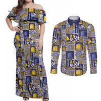 Tokelau Manuia te Kilihimahi Couples Matching Off Shoulder Maxi Dress and Long Sleeve Button Shirt Pacific Patchwork Xmas Vibes LT9 Blue - Polynesian Pride