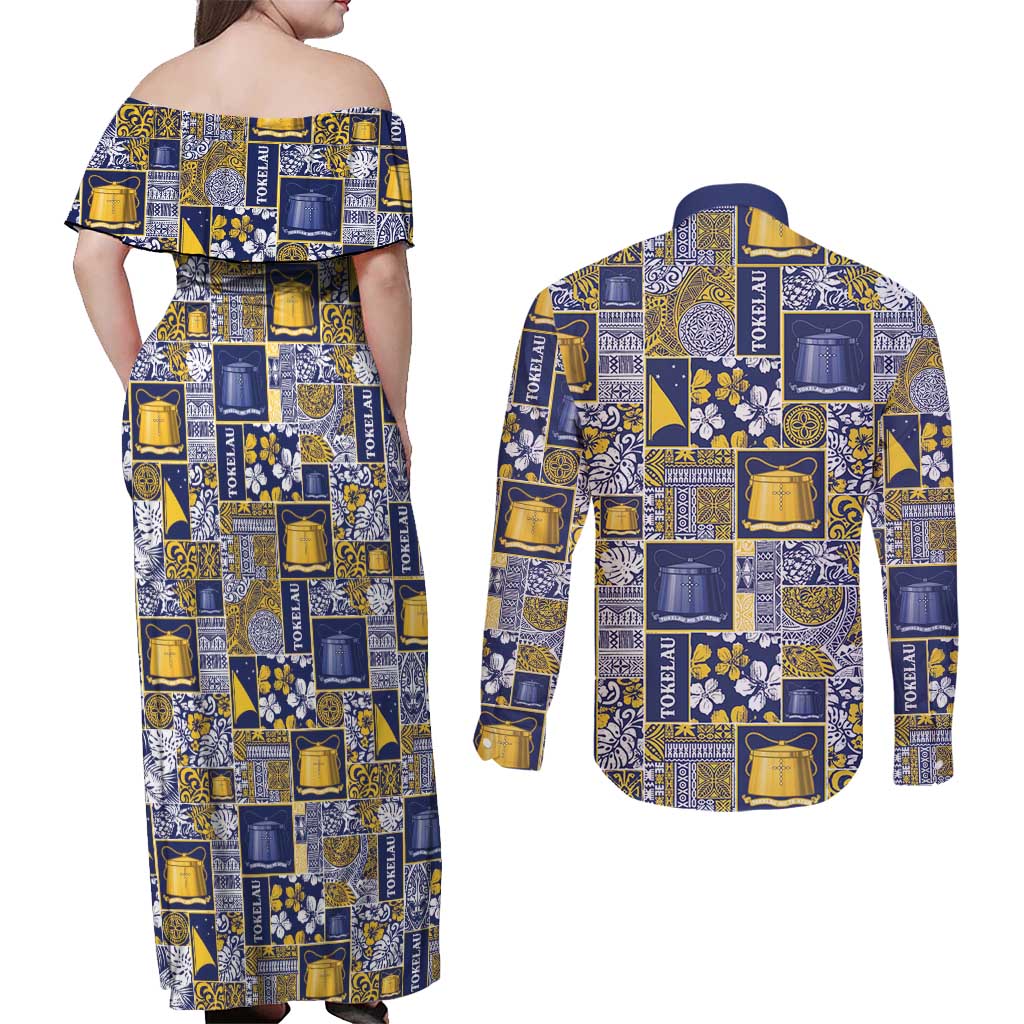 Tokelau Manuia te Kilihimahi Couples Matching Off Shoulder Maxi Dress and Long Sleeve Button Shirt Pacific Patchwork Xmas Vibes LT9 - Polynesian Pride