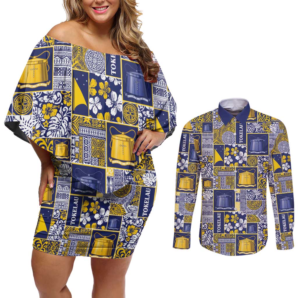 Tokelau Manuia te Kilihimahi Couples Matching Off Shoulder Short Dress and Long Sleeve Button Shirt Pacific Patchwork Xmas Vibes LT9 Blue - Polynesian Pride