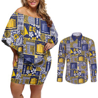 Tokelau Manuia te Kilihimahi Couples Matching Off Shoulder Short Dress and Long Sleeve Button Shirt Pacific Patchwork Xmas Vibes LT9 Blue - Polynesian Pride