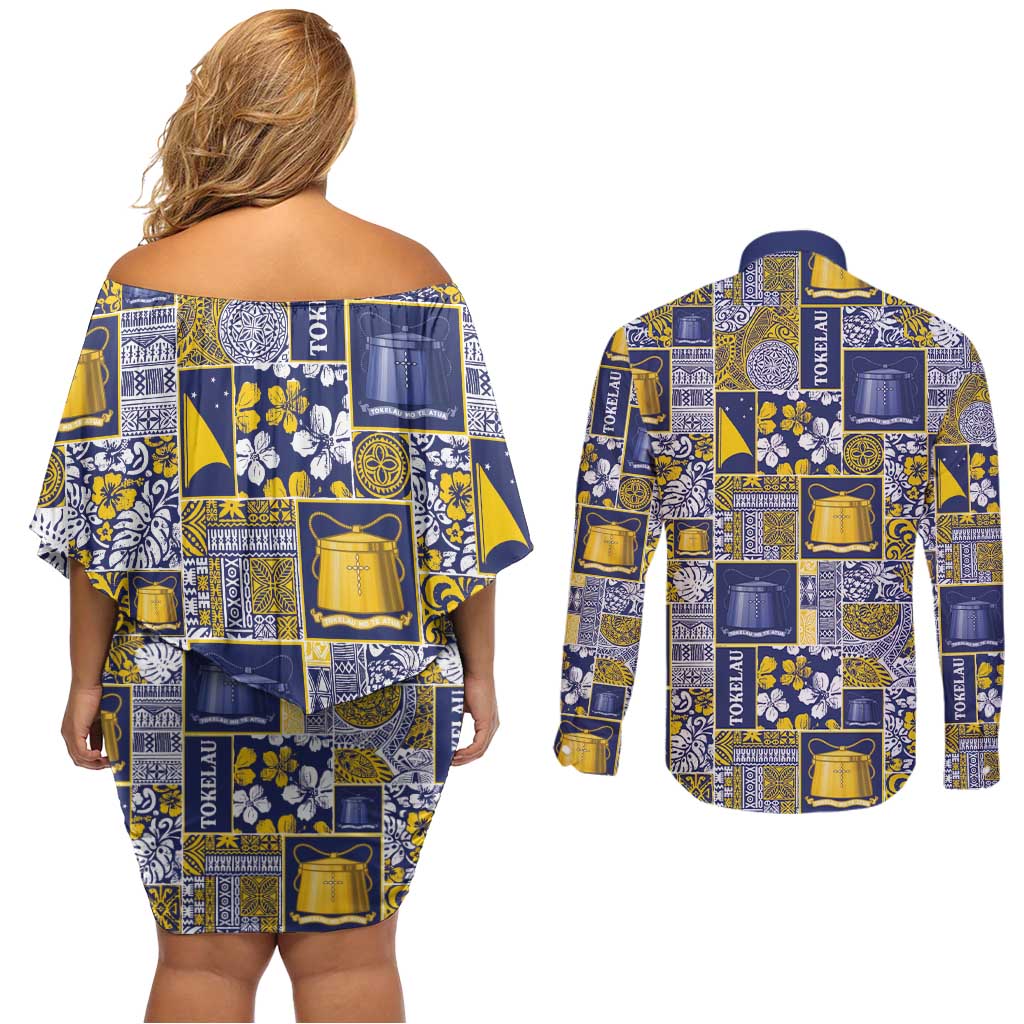 Tokelau Manuia te Kilihimahi Couples Matching Off Shoulder Short Dress and Long Sleeve Button Shirt Pacific Patchwork Xmas Vibes LT9 - Polynesian Pride