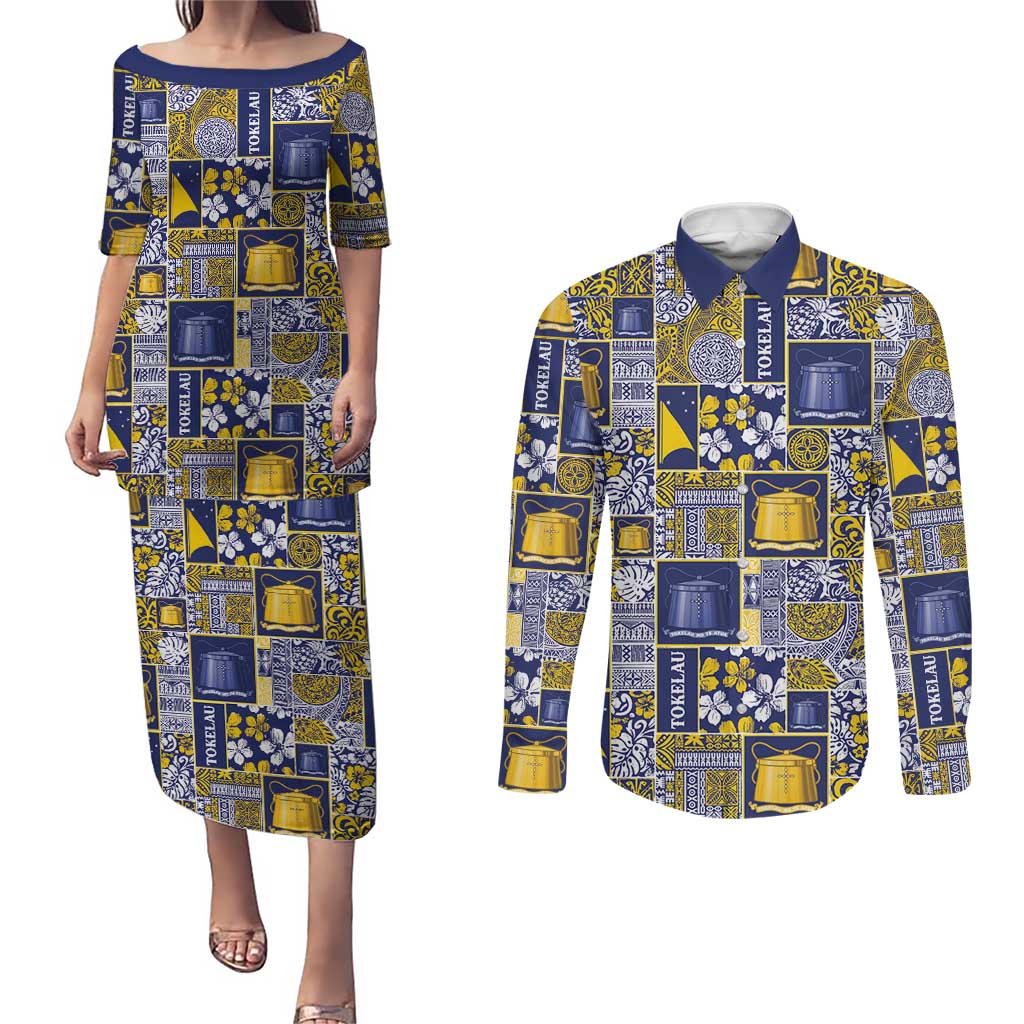 Tokelau Manuia te Kilihimahi Couples Matching Puletasi and Long Sleeve Button Shirt Pacific Patchwork Xmas Vibes LT9 Blue - Polynesian Pride