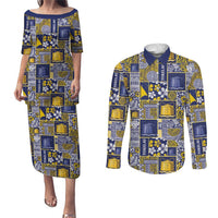 Tokelau Manuia te Kilihimahi Couples Matching Puletasi and Long Sleeve Button Shirt Pacific Patchwork Xmas Vibes LT9 Blue - Polynesian Pride