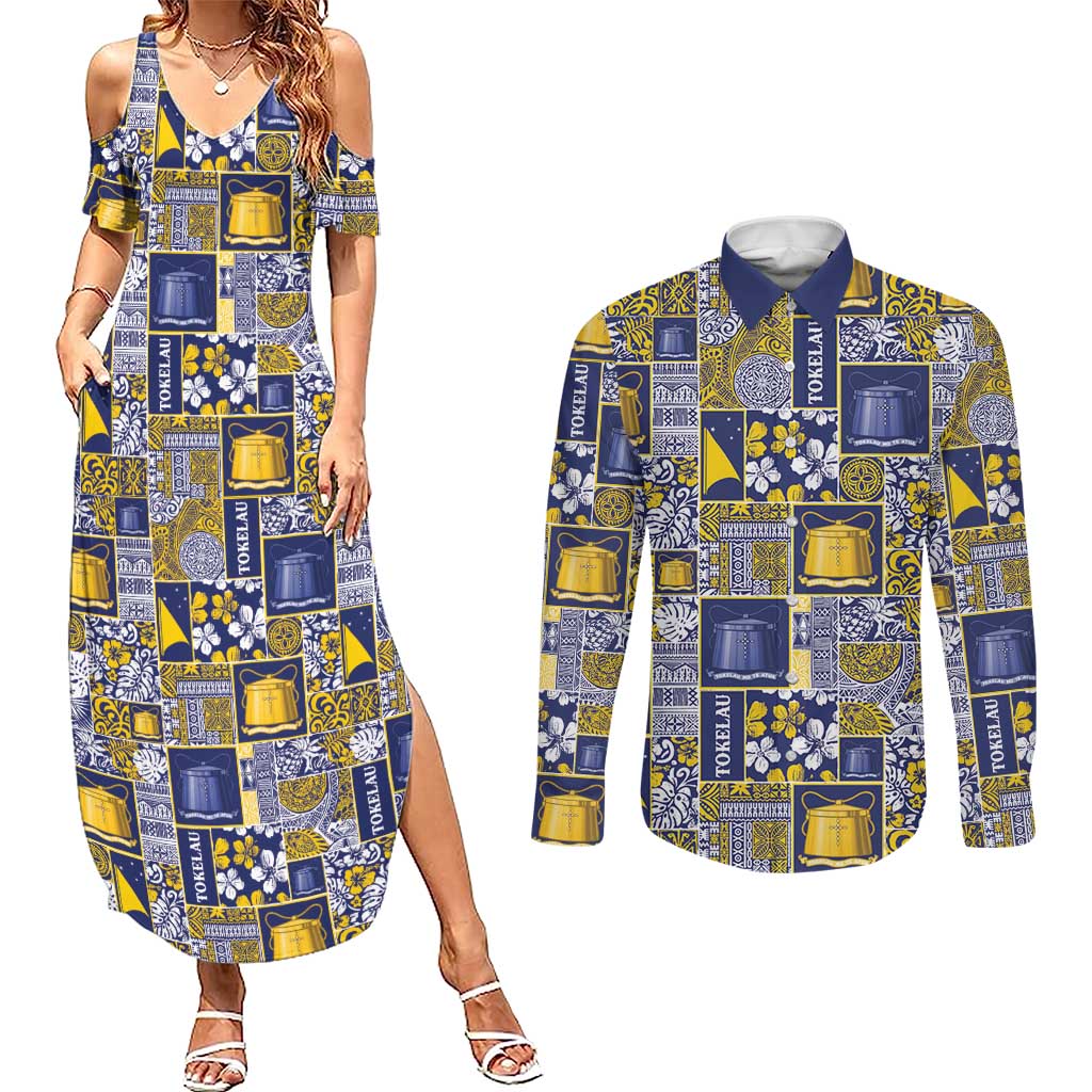 Tokelau Manuia te Kilihimahi Couples Matching Summer Maxi Dress and Long Sleeve Button Shirt Pacific Patchwork Xmas Vibes - Polynesian Pride