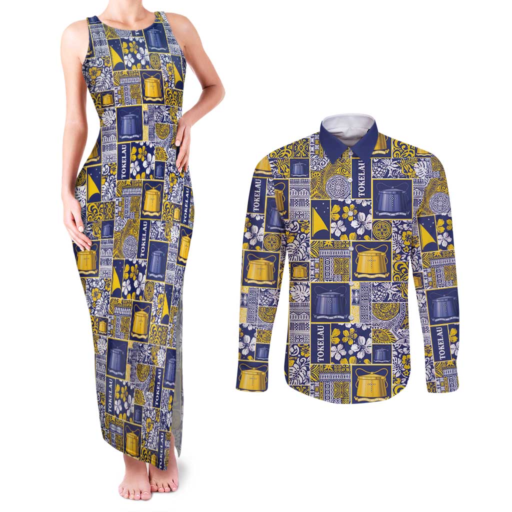 Tokelau Manuia te Kilihimahi Couples Matching Tank Maxi Dress and Long Sleeve Button Shirt Pacific Patchwork Xmas Vibes LT9 Blue - Polynesian Pride