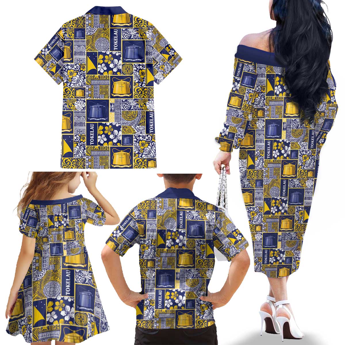 Tokelau Manuia te Kilihimahi Family Matching Off The Shoulder Long Sleeve Dress and Hawaiian Shirt Pacific Patchwork Xmas Vibes - Polynesian Pride
