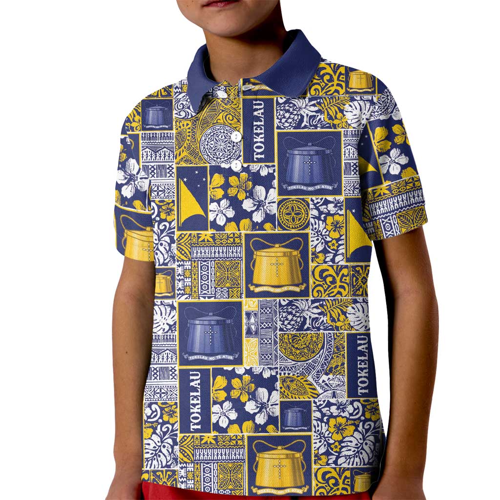 Tokelau Manuia te Kilihimahi Kid Polo Shirt Pacific Patchwork Xmas Vibes LT9 Kid Blue - Polynesian Pride