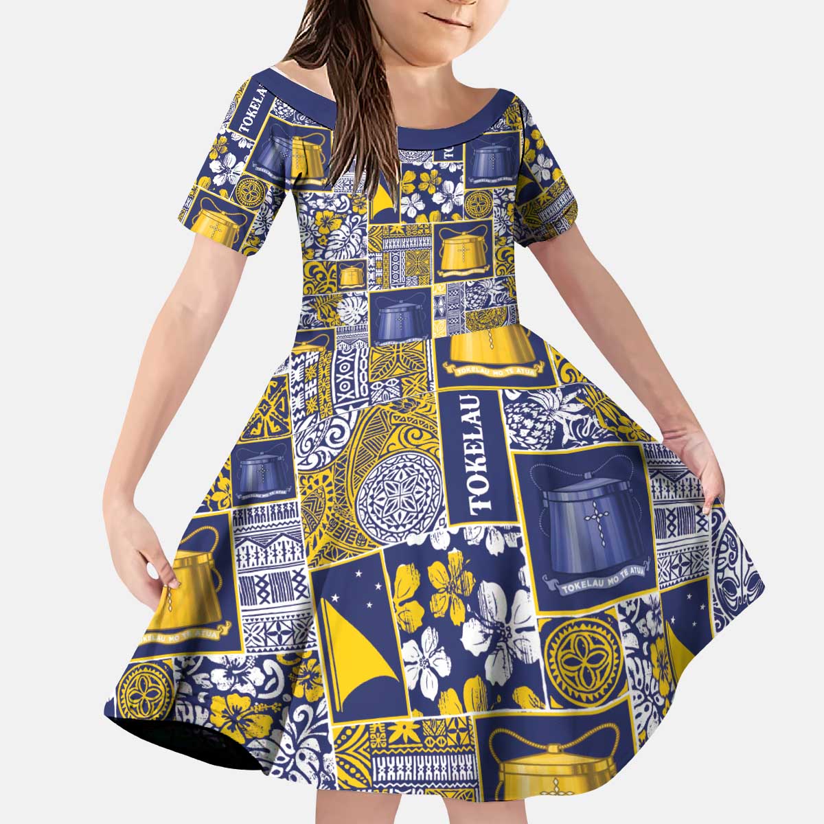 Tokelau Manuia te Kilihimahi Kid Short Sleeve Dress Pacific Patchwork Xmas Vibes LT9 KID Blue - Polynesian Pride
