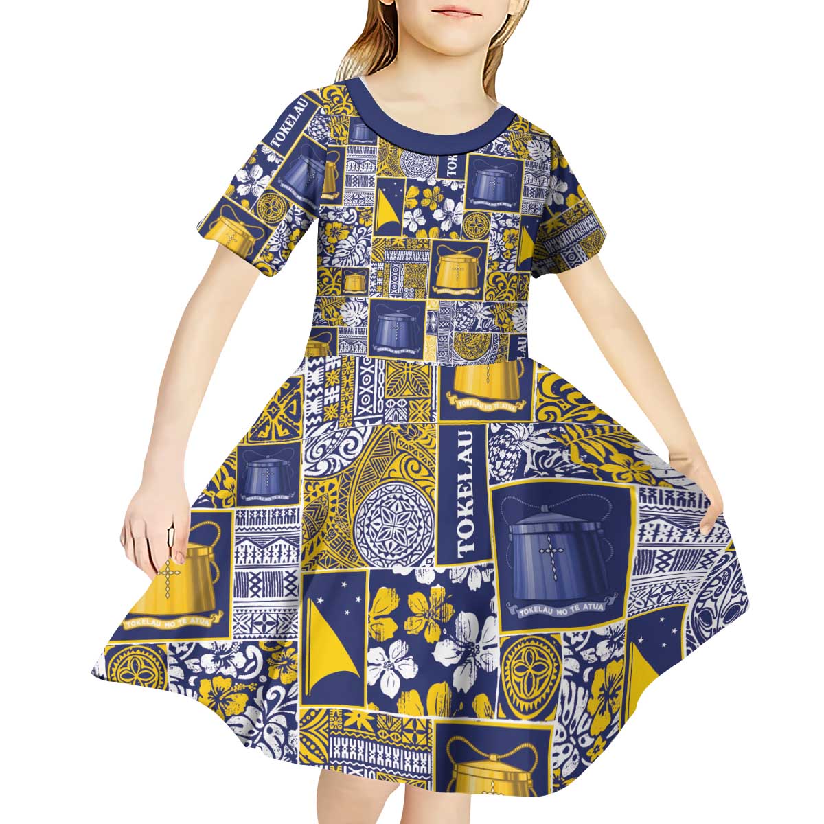 Tokelau Manuia te Kilihimahi Kid Short Sleeve Dress Pacific Patchwork Xmas Vibes LT9 - Polynesian Pride