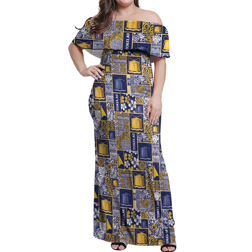 Tokelau Manuia te Kilihimahi Off Shoulder Maxi Dress Pacific Patchwork Xmas Vibes LT9 Women Blue - Polynesian Pride