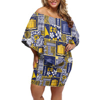 Tokelau Manuia te Kilihimahi Off Shoulder Short Dress Pacific Patchwork Xmas Vibes LT9 Women Blue - Polynesian Pride