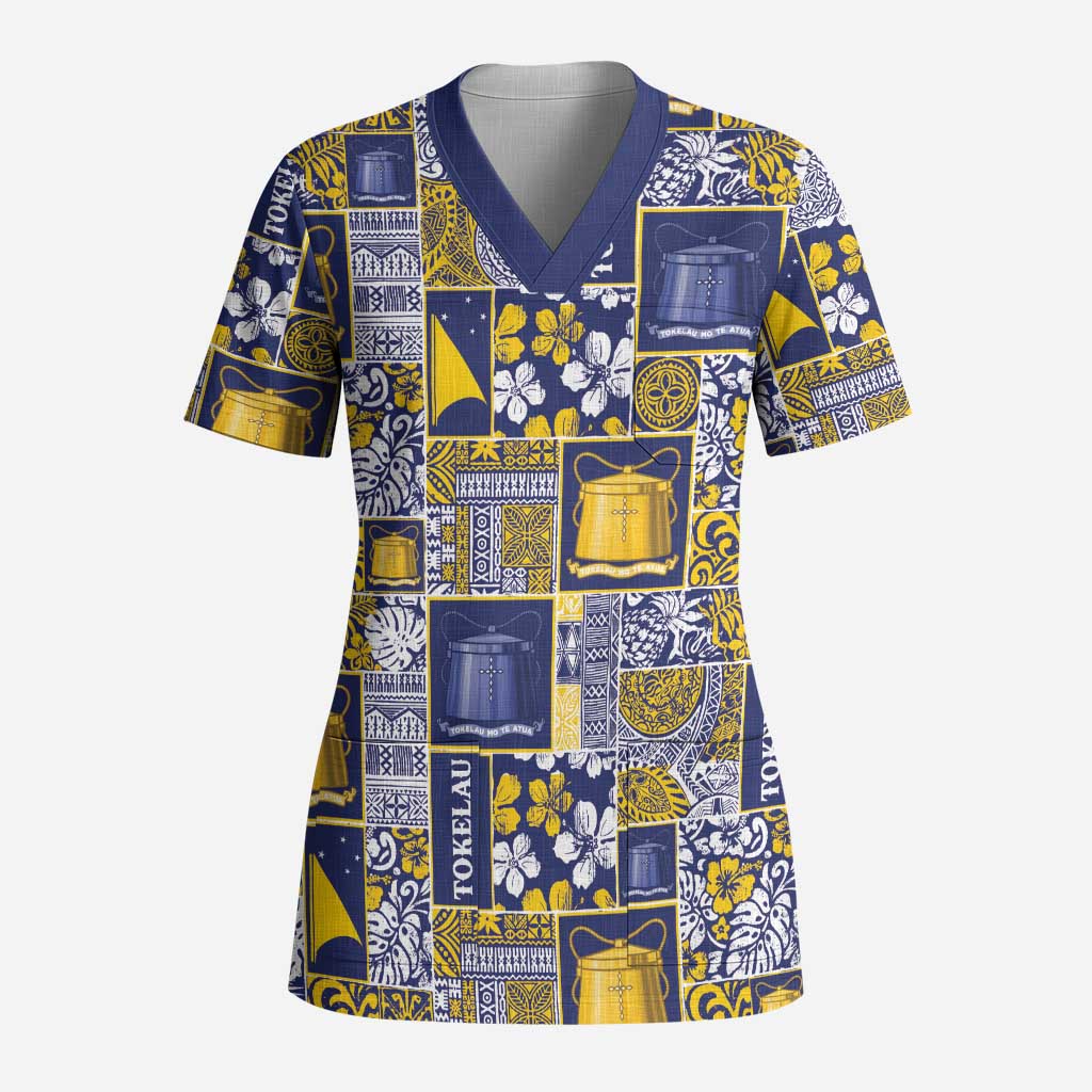 Tokelau Manuia te Kilihimahi Scrub Top Pacific Patchwork Xmas Vibes LT9 Adult Blue - Polynesian Pride
