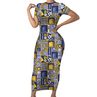 Tokelau Manuia te Kilihimahi Short Sleeve Bodycon Dress Pacific Patchwork Xmas Vibes LT9 Long Dress Blue - Polynesian Pride